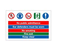 No public admittance, Ear defenders, no smoking, Fire exit sign - Multi-Message featuring Prohibition, Mandatory & Fire Safety 8x12 Metal Tin Sign Garage Man Cave Wall Decor