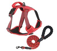 No Pull Dog Harness for Medium Large Dogs Adjustable Reflective Pet Vest with Front clip Handle Padded dog harness and lead set best for outdoor Training and walking Red L