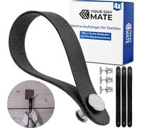 No-sew hangers for textiles, 4 pack, 150 x 12 mm loops, in black, made of PU leather, with pin-button fastener, hanger tabs for tea towel, bath towel, cloth, decorative items, camping
