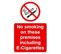 No smoking in these premises including E-cigarettes sign - High tack self-adhesive sticker (200mm x 150mm) Viewing Distance within 5m.