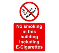 No smoking in this building including e-cgiarettes sign- High tack self-adhesive sticker (300mm x 200mm) Viewing Distance within 7m.