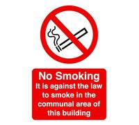 No smoking it is against the law sign - 1.2mm Rigid plastic for indoor/outdoor usage (150mm x 100mm) Viewing Distance within 3m.