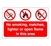 No smoking, matches, lighter or open flame in this area : safety signage - High tack self-adhesive sticker (300mm x 200mm) Viewing Distance within 7m.