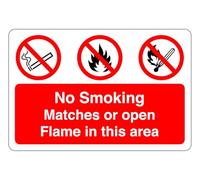 No smoking matches or open flame in this area : safety signage - 3mm Aluminum Dibond for indoor/outdoor usage (200mm x 150mm) 5m Viewing Distance.