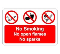 No smoking no open flames no sparks : safety signage - 1.2mm Rigid plastic for indoor/outdoor usage (300mm x 200mm) Viewing Distance within 7m.