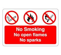 No smoking no open flames no sparks : safety signage - 1.2mm Rigid plastic for indoor/outdoor usage (600mm x 400mm) Viewing Distance within 20m.
