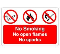 No smoking no open flames no sparks : safety signage - High tack self-adhesive sticker (200mm x 150mm) Viewing Distance within 5m.