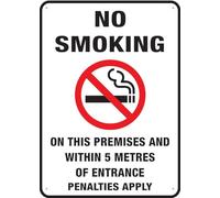 No Smoking On These Premises And Within 5 Metres For House Door Office Business Yard,Metal Aluminum Rust Free Sign - 12" X 8", Pre-Drilled Holes, Weather Resistant