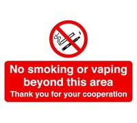 No smoking or vaping beyond this area - 3mm Aluminum Dibond high-visibility and durability for indoor/outdoor usage (200mm x 150mm) Ensures Safety Within 5m Viewing Distance.