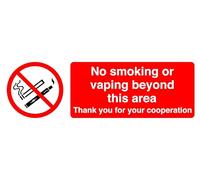 No Smoking Or Vaping Beyond This Area Thank You For Your Cooperation - safety sign - High tack self-adhesive sticker (150mm x 50mm) Viewing Distance within 3m.