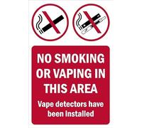 No smoking or vaping in this area, vape detectors have been installed, prohibition sign - Self adhesive sticker (600mm x 400mm)