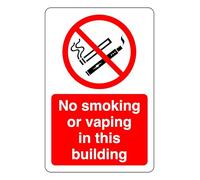 No Smoking Or Vaping In This Building - safety sign(Pack of 20) - High tack self-adhesive sticker (150mm x 100mm) Viewing Distance within 3m.