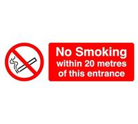 No Smoking Or Vaping Within 20 Metres Of This Entrance - safety sign - 1.2mm Rigid plastic for indoor/outdoor usage (150mm x 50mm) Viewing Distance within 3m.