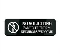 No Soliciting Family Friends & Neighbors Welcome Sign Stickers, 10X3 Inch Acrylic Plaque With Strong Adhesives For Door Office Business Outdoor, White Letters On Black Background