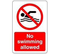 No swimming allowed safety sign - No swimming, No diving, No Sailing, Deep Water, eating & drinking - 1.2mm Rigid plastic for indoor/outdoor usage (400mm x 300mm) Viewing Distance within 14m.