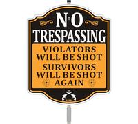 No Trespassing Violators Will Be Shot Survivors Will Be Shot Again Sign Private Property 12" x 10" With 35" Long Metal No Soliciting Stake With Stand Aluminum Outdoor Home Business Yard