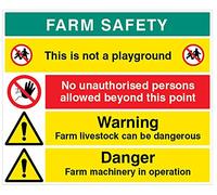 No unauthorised persons, Warning livestock can be dangerous, danger farm machinery in operation, This is not a playground (semi rigid pvc safety sign)