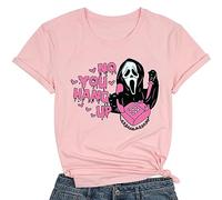No You Hang Up Scary Horror Movie Halloween Shirt Women Funny Ghostface T Shirt Casual Halloween Party Tee Tops, Pink, S