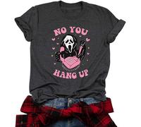 No You Hang Up Scary Horror Movie Halloween Shirt Women Funny Ghostface T Shirt Casual Halloween Party Tee Tops, Gray, S