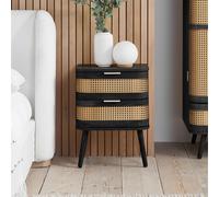 Noah Curved Bedside Table - 2 Drawer - Black and Rattan