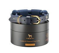 NOAH & PAW XL Dog Collar for Large Dogs, Genuine Leather Large Dog Collar with Paracord, Heavy Duty Metal Buckle, Unisex Colors for Girl and Boy, Neck Size 18"-24" (Dark Blue).