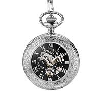 NOALED Pocket Watch Antique Mechanical Hand Wind Pocket Watches Roman Numeral Bronze Mechanical Collection Watch Men Clock Gift (Sliver)