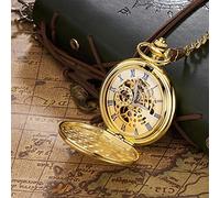 NOALED Pocket Watch Luxury Gold Mechanical Vintage Copper Male Clock Hand Wind Square Necklace Watch Chain for Men Women Gift (Goldwithblack)