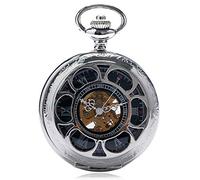 NOALED Pocket Watch Vintage Black/Silver Semicircle Mechanical Hand Wind Pocket Watch Chain Steampunk Women Men Watches Fob Male Clock Gifts (Silver)