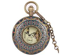 NOALED Pure Copper Mechanical Retro Large Tourbillon Pocket Watch Stylish Double Hunter Hollow Red Dot Watches,Default