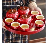 NOALED Wedding Tea Set, Chinese Traditional Festive Red Everything Goes Well Ceramic Kungfu Tea Set Ceremony Wedding Party Newlyweds