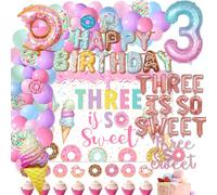 NOAMED Donut Ice Cream 3rd Birthday Party Decorations, Three Is So Sweet, Pink, Food Print, Includes Banners, Background Cloth, Tiles, Letters, Balloons, Number 3, Candyland