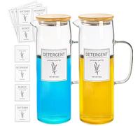 Noamus 2 Pack Laundry Detergent Dispenser Set, 50oz Fabric Softener Storage Bottle with Bamboo Lid Handle&12 Labels, Glass Liquid Detergent Container for Farmhouse Laundry Room Decor Organization