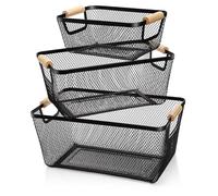 Noamus 3 Pack Metal Mesh Basket with Wooden Handle, Farmhouse Wire Steel Storage Bins, Rectangle Fruit Vegetable Organizer Containers for Home Cabinet Pantry Kitchen Decor, Snack Gift (Black, 3 Size)