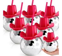 Noamus 6 Packs Disco Ball Cup Pink Straw, 22 OZ Flash Ball Party Cups with Cowboy Hat Lid, Silver Glitter Cocktail Spherical Cup, Wine Drinking Glass Syrup Tea Bottle for Bar Nightclub Supply