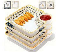 Noamus Dumpling Plate with Dipping Saucer, Japanese Sushi Plate, Colorful Square Serving Plate with Bowl for Home, Kitchen, Snack, Dessert, Salad, Chips, Fruit, Gyoza, 4 Pack