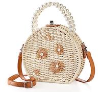 Noamus Handwoven Round Rattan Bag, 8" Straw Crossbody Bags with Adjustable Straps, Top Pearl Handle Wicker Tote Bag, Boho Summer Beach Basket Purse, Flower Woven Shoulder Bag for Women Lady