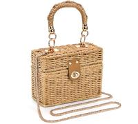 Noamus Square Straw Handbag, Vintage Women's Wicker Basket Bag, Handmade Rattan Crossbody Bag, Boho Tote Bag with Detachable Shoulder Strap for Summer Beach Casual Vacation Chic