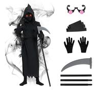 Noaya 6Pcs Kids Grim Reaper Costume - Death Halloween Costumes for Kids, Halloween Outfits with Grim Reaper Scythe Glowing Glasses Death Costume for Boys Girls Halloween Cosplay Party Carnival, M