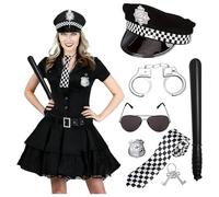 Noaya 6PCS Police Costume - Police Accessories Halloween, Sheriff Badge, Cop Hat and Handcuffs, Baton, Glasses, Ties, Policeman Outfit Accessories for Halloween Role Play