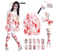 Noaya Bloody Nurse Costume Set - 14PCS Nurse Scary Halloween Costume Women, Nurses Outfit Fancy Dress, Bloody Fake Knife Headband Prop Gloves Stockings, Halloween Nurse Accessories for Adult Women