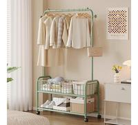 NOBBAT Clothes Rail, Garment Hanging Rail with Wheels,Garment Rack Clothes Rack Freestanding Hanger Double Rails Bedroom Clothing Rack With 2-Tier Lower Storage Shelf(Matcha Green,60x30x165cm)