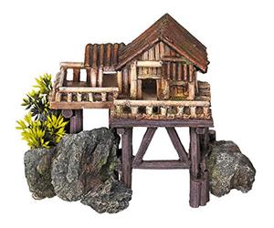 Nobby Wooden House with Plants Aquarium Ornaments, 23 x 12.3 x 17 cm