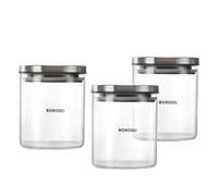 Nobel Borosil Classic Glass Storage Jar Set with Wooden Tray, Air-Tight Container for Kitchen, 600 ml each, Set of 3, Clear
