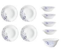 Nobel Borosil Opalware Dazzle Series Silk Dinner Set for 4, Light-Weight, Daily Use Crockery Set for Dining, 4 Dinner Plates, 4 Bowls and 1 Veg. Bowl. (Set of 9 - Blue Eve)