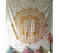 Nobel Indian Mandala Wall Tapestry for Bedroom Aesthetic Home Decor Living Room Bedding Throw Hippie Bohemian Psychedelic Yoga Meditation (WHITE/GOLD STAR, Queen (84x90Inches)(215x230Cms))