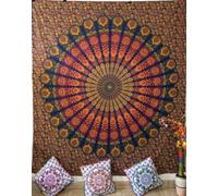 Nobel Indian Mandala Wall Tapestry for Bedroom Aesthetic Home Decor Living Room Bedding Throw Hippie Bohemian Psychedelic Yoga Meditation (NAVY/ORANGE, Queen (84x90Inches)(215x230Cms))