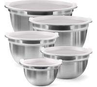 Nobel Mixing Bowl Set of 5, Stainless Steel Nesting Bowls for Meal Preparation Kitchen Baking, Heavy Duty & Dishwasher Safe, Space-Saving Storage Metal Bowl, Air Tight (White Lids 5pc Bowl 14x26)
