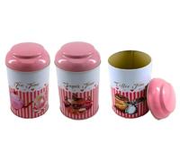 Nobel Retro Set of 3 Stainless Steel PINK Tea Coffee Sugar Jar Canisters Kitchen Container Tins Storage Organiser Set Air Tight Morden Design (PINK - ROUND)