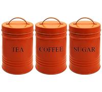 Nobel Set of 3 Kitchen Storage Tea Coffee Sugar Canisters,Storage, Powder Coated Ideal for Coffee Granules, Tea Leaves & Bags & Sugar Cubes (Orange)