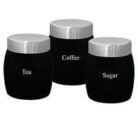 Nobel Set of 3 Stainless Steel Tea Coffee Sugar Canisters,Storage Barrel Style, Rust Resistant,Powder Coated Ideal for Kitchen Storage Coffee Granules, Tea Leaves & Bags & Sugar Cubes (BLACK)